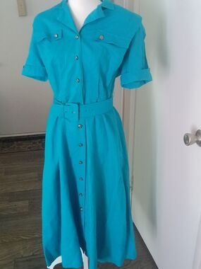 Teal Button-Front Belted Midi Shirt Dress